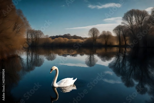 At the edge of a tranquil lake, a lone swan glides gracefully on the still waters, its reflection mirrored in perfect