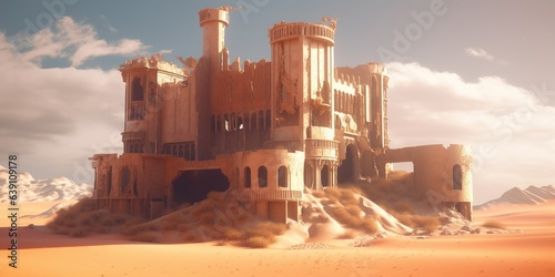 An abandoned broken architectural castle building in the desert, generative ai technology