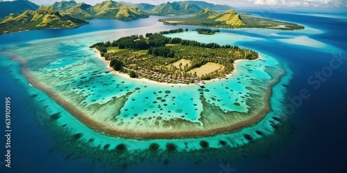 An aerial view of the shores of Tubuai Island of French Polynesia.