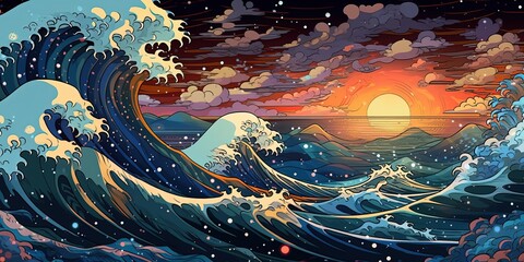 Anime waves on the ocean, moon in the sky