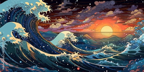 Anime waves on the ocean, moon in the sky