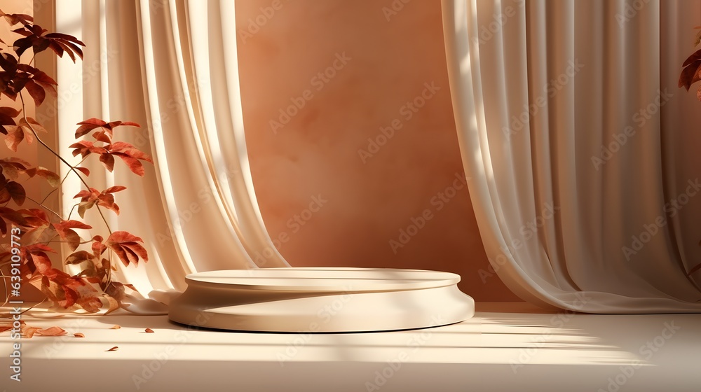 Modern and luxury empty beige round podium with brown curtain and autumn leaves in beige room with shadow light background. Elegant scene for product photography, AI Generative