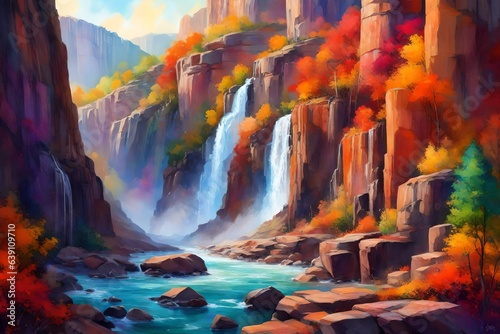 A rainbow-hued waterfall flows through a canyon, painting the rocks with a vivid palette