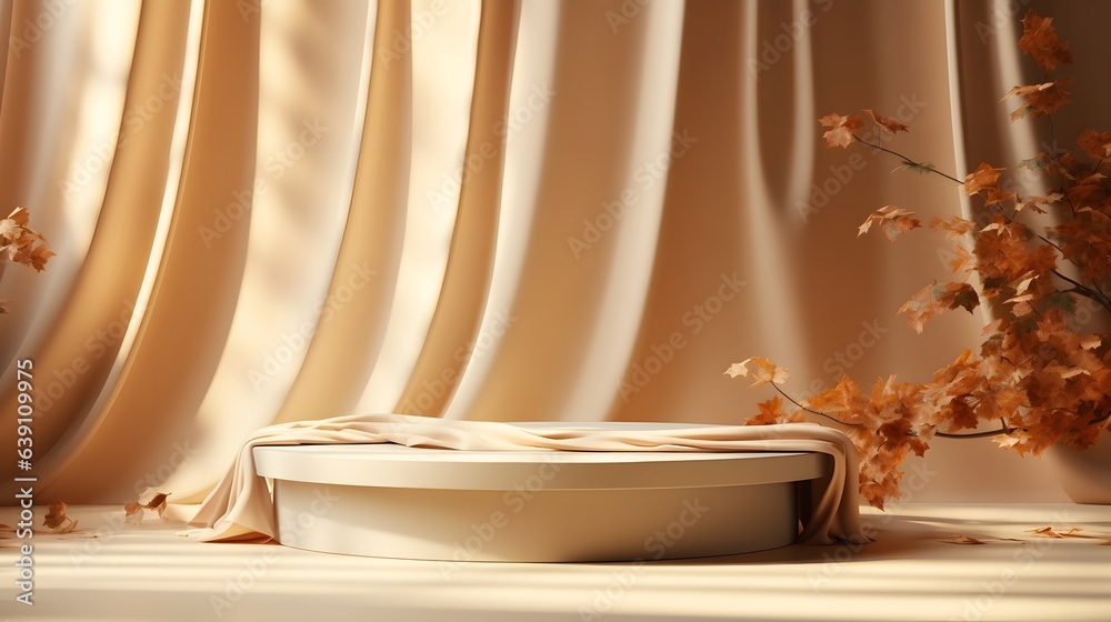 Modern and luxury empty beige round podium with brown curtain and autumn leaves in beige room with shadow light background. Elegant scene for product photography, AI Generative - obrazy, fototapety, plakaty 