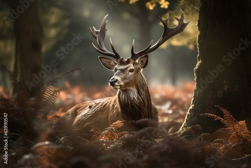 A stunning deer with magnificent antlers in a sun-drenched woodland. Generative AI