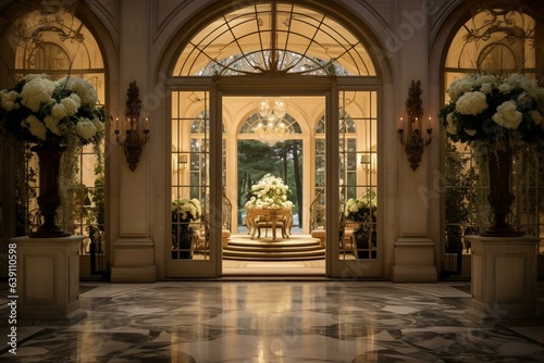 Majestic entrance with enchanting ambiance. Generative AI