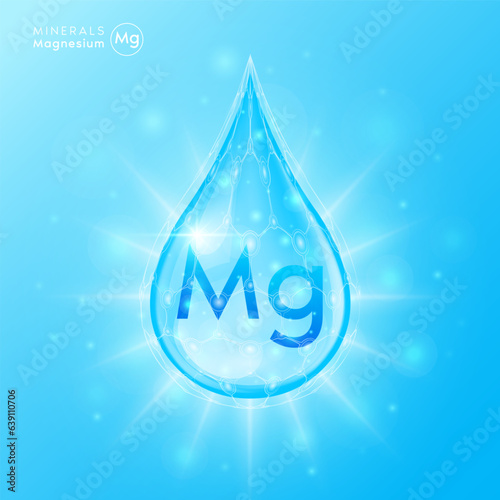 Essential magnesium minerals for health human body. Blue crystal mineral water drop natural shiny. For nutrition design ad dietary supplement pharmacy. Scientific medical concept. 3D Vector.