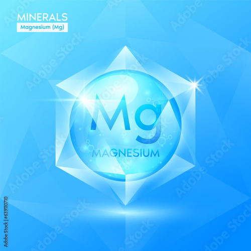 Magnesium minerals in the form of blue crystal stone gems. Mineral crystals in natural shiny surface for nutrition design products food and drug for health. Scientific medical concept. 3D Vector.