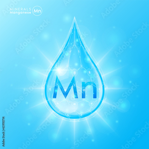 Essential manganese minerals for health human body. Blue crystal mineral water drop natural shiny. For nutrition design ad dietary supplement pharmacy. Scientific medical concept. 3D Vector.