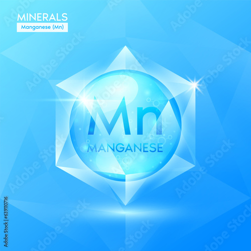 Manganese minerals in the form of blue crystal stone gems. Mineral crystals in natural shiny surface for nutrition design products food and drug for health. Scientific medical concept. 3D Vector.