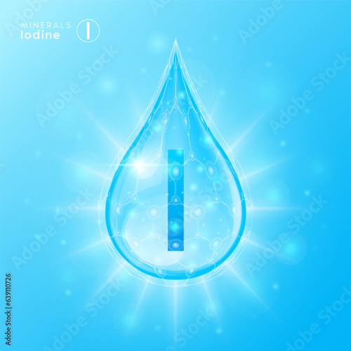 Essential iodine minerals for health human body. Blue crystal mineral water drop natural shiny. For nutrition design ad dietary supplement pharmacy. Scientific medical concept. 3D Vector.