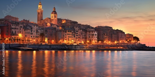 Bogliasco, Genoa, Italy Skyline on the Water at Dusk
