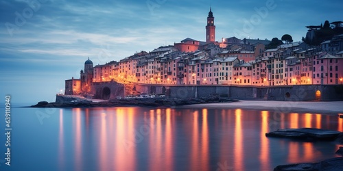 Bogliasco, Genoa, Italy Skyline on the Water at Dusk photo