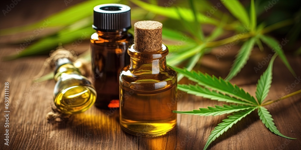 CBD oil in brown bottle with dropper and cannabis, hemp branch CBD oil in brown bottle with dropper and cannabis, hemp branch