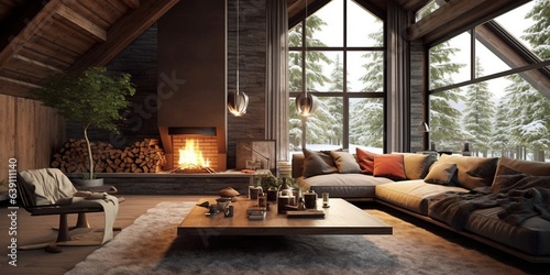 Chalet Cozy Interior and Fireplace. Modern Cottage Living Room Decor with Wood Wall and Furniture.