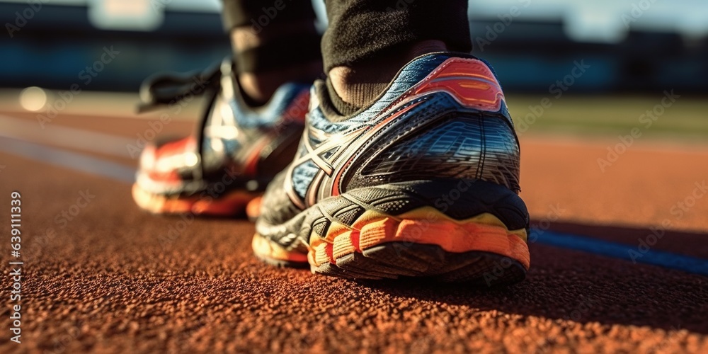 Close up view of runner sport shoes sprint running on track.