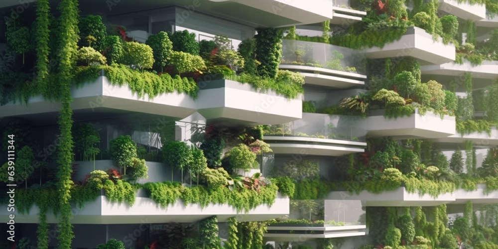 Close up view a futuristic building, sustainable design with vertical garden. Generative AI AIG18.