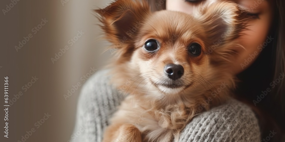 Closeup of little cute dog sitting in womans lap and looking at camera, copy space Closeup of little cute dog sitting in womans lap and looking at camera, copy space