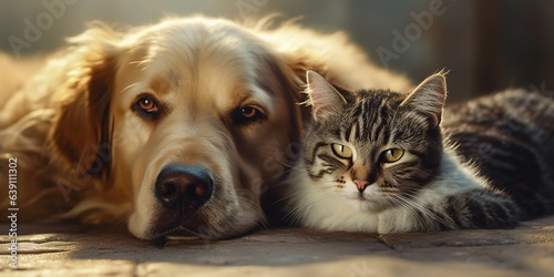 Close up, cat and dog together lying. Animals friendship
