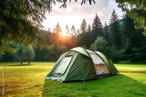 A tourist tent stands on a lawn in the middle of a forest in the morning sunny weather