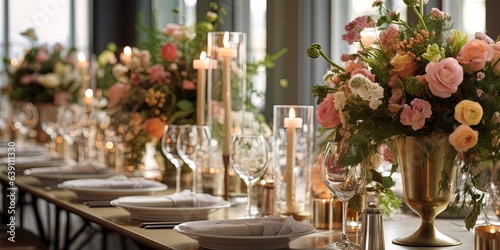 Close up of wedding reception table setting with flower arrangements