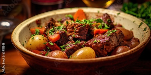 Close - up of boeuf bourguignon( Beef Burgundy) with potatoes