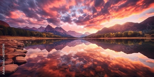 Clouds over mountain lake at dawn, sunrise over beautiful mountain lake