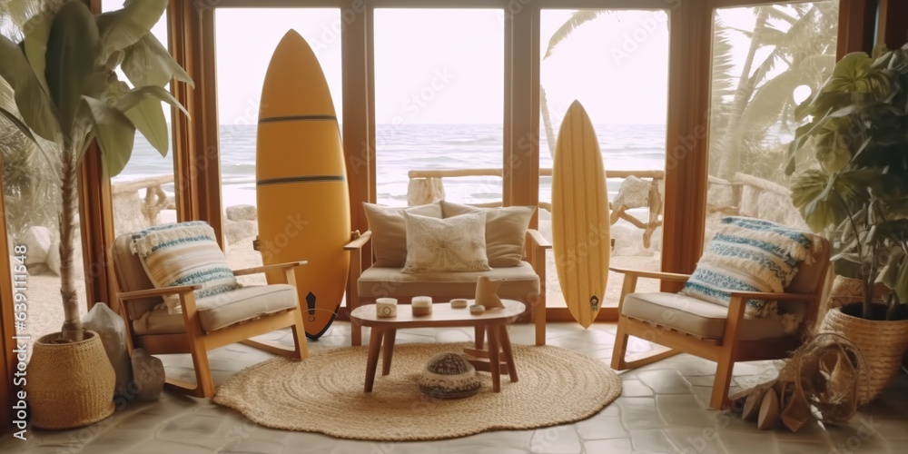 Cozy wooden armchairs with cushions and fruit basket on surfing board in interior of living room Cozy wooden armchairs with cushions and fruit basket on surfing board in interior of living room