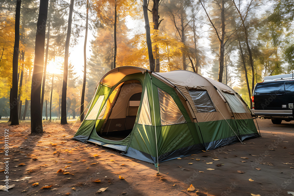 A large tourist tent stands on a lawn in the middle of a forest in autumn morning sunny weather