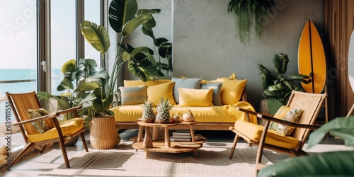 Cozy wooden armchairs with cushions and fruit basket on surfing board in interior of living room