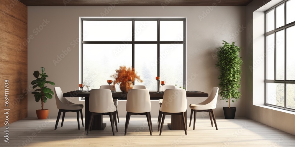 Dining room in modern style, minimalist design, copy space.