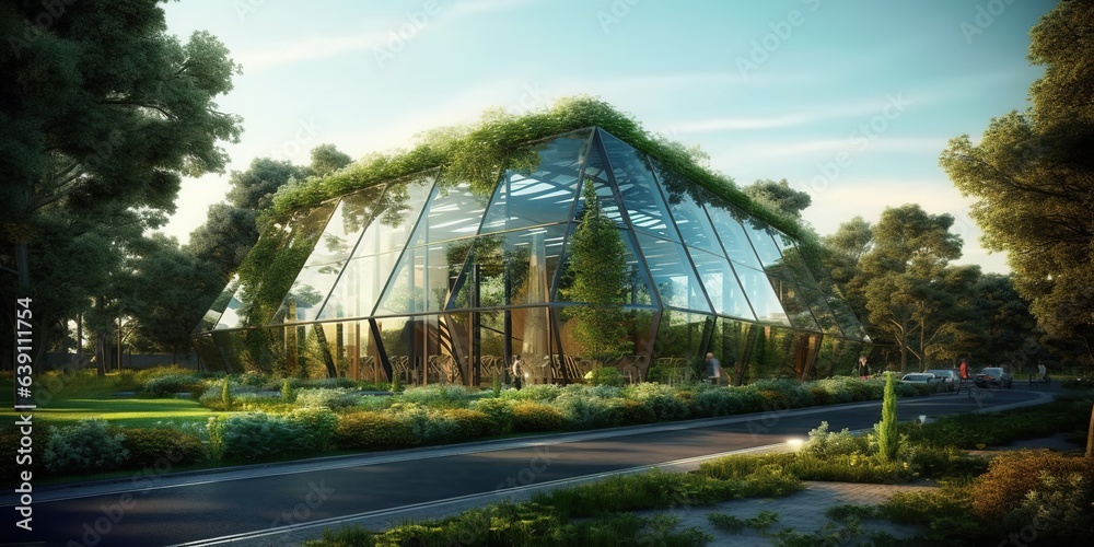 Eco - friendly glass business building with natural landscaping. AI generated, human enhanced