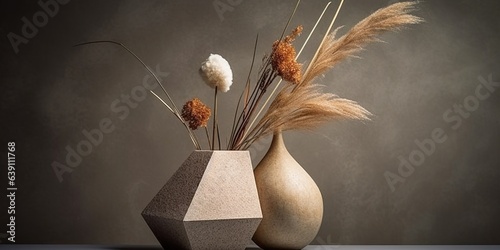 Elegant interior still life. Modern organic, geometric shaped vase with dry flowers, grass...