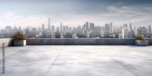 Empty concrete floor on rooftop with city background.