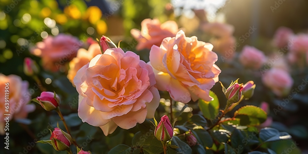 Obraz premium Flora Colonia rose( Kolner Flora) pink shrub rose blooming in the garden, closeup