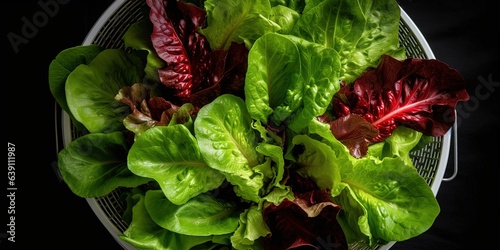 Freshly picked green and red leaf lettuce in plastic colander closeup