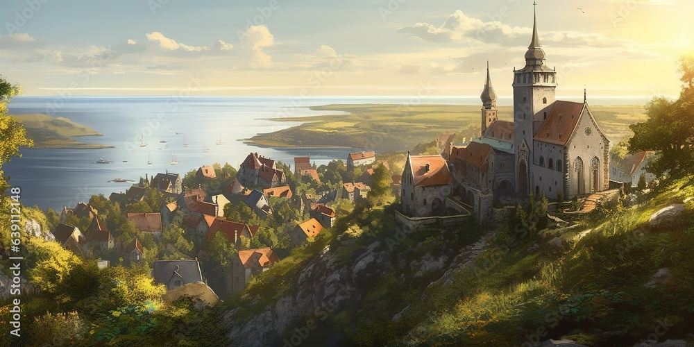 The City of Rabs Church Towers and Houses Overlooking the Sea and a Green Forest.