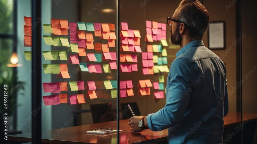 Fototapeta premium businessman is looking and analyzing sticky note on brainstorming board of his business office.