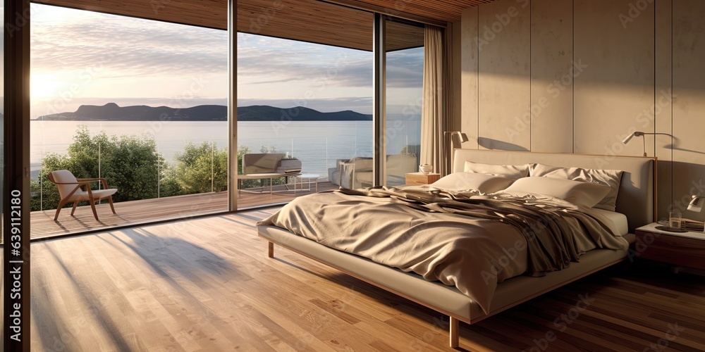 The modern wooden floor bedroom home interior design with large glass windows to sea view.