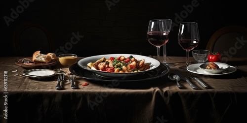 Table in restaurant with leftover food on black plate