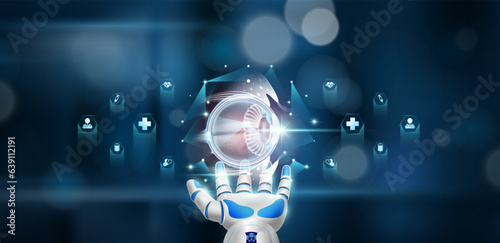 Human eyeball organ inside cube float in doctor robot hand on hospital background. Health care system innovative technology medical futuristic AI artificial intelligence cybernetic robotics. Vector.