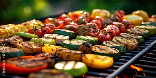 Various vegetables are baked onbarbecue grill on grill, outdoors, selective focus.