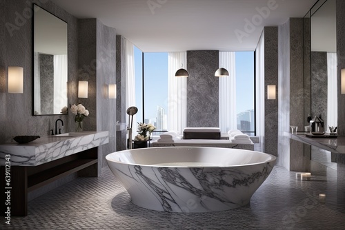 Interior of modern bathroom with white and brown marble walls  concrete floor  comfortable white bathtub standing near the window and wooden bench