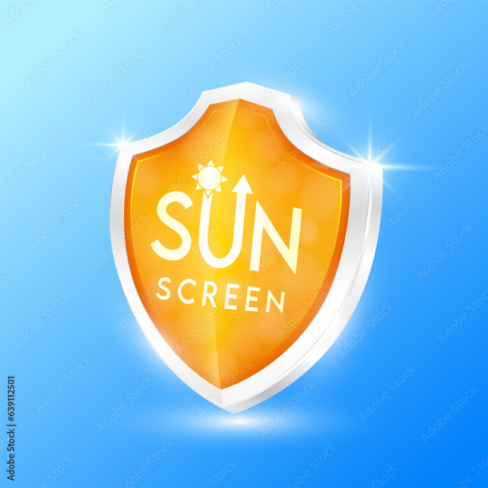 UV protection ultraviolet your skin. Sunscreen shield glass orange. Reflect light force field prevents of sunlight. Products design cream skin care. Icon 3D vector.