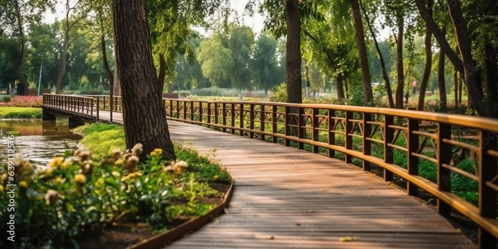 Wooden walking path with railings along the pond in well groomed park, green lawn on the slope