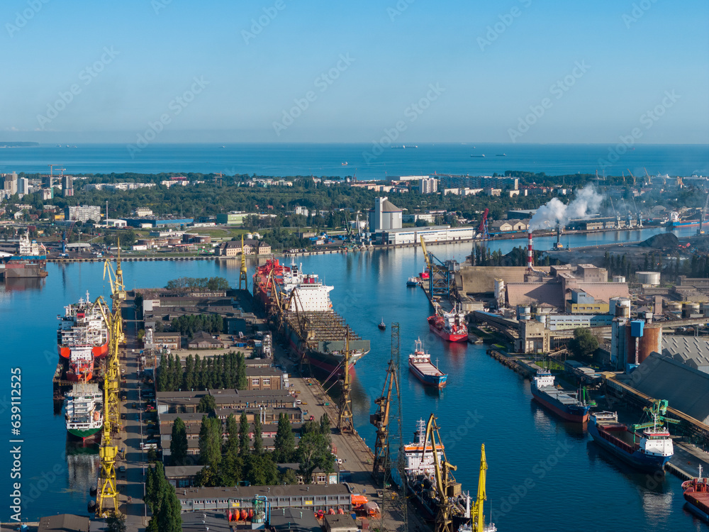 Cranes in Gdansk Shipyard Aerial View. Motlawa River Industrial Part of the City Gdansk, Pomerania, Poland. Europe.