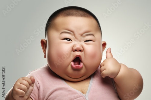 Funny newborn baby studio photo white background, with funny facial expression and gesture