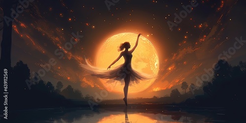 A ballerina dancing with fireflies against the crescent moon, digital art style, illustration painting