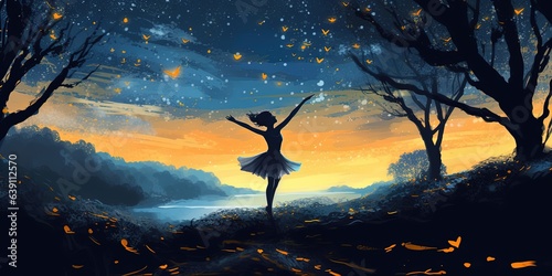 A ballerina dancing with fireflies on the hill against the night sky  digital art style  illustration painting
