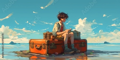 A boy with binoculars sits on a suitcase floating on the sea, digital art style, illustration painting © Svitlana